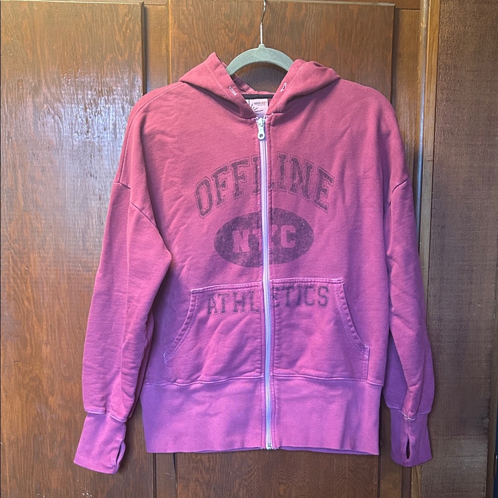 Berry pink Aerie Zip-Up Hoodie with 'Offline NYC Athletics' Graphic